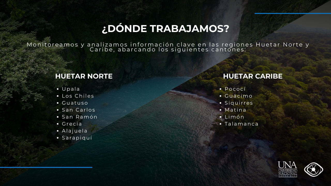 ¿DÓNDE TRABAJAMOS?
Monitoreamos y analizamos información clave en las regiones Huetar Norte y caribamabarcando los siguientes cantones: Caribe,
HUETAR NORTE
Upala
Los Chiles
Guatuso
San Carlos
San Ramón
Grecia
Alajuela
Sarapiquí
HUETAR CARIBE
Pococi
Guácimo
Siquirres
Matina
Limón
Talamanca